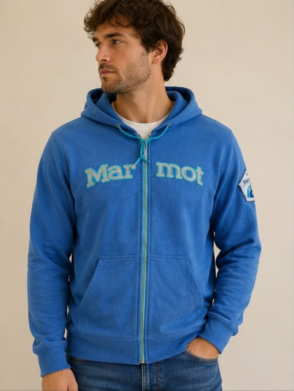 Marmot Blue Logo Full Zip-Up Hoodie Hooded Sweatshirt Men's Large L Gorpcore EUC